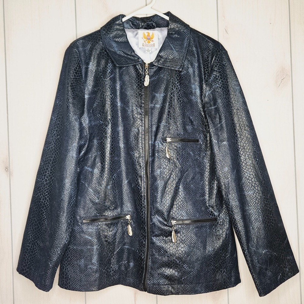 Ameri Mode Women's Blue Faux Snakeskin Jacket LARGE Feather Pull Mob Wife Goth